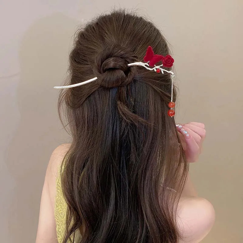 レトロなローズタッセルヘアピン - 女性用ハンドメイド中国風ヘアスティック