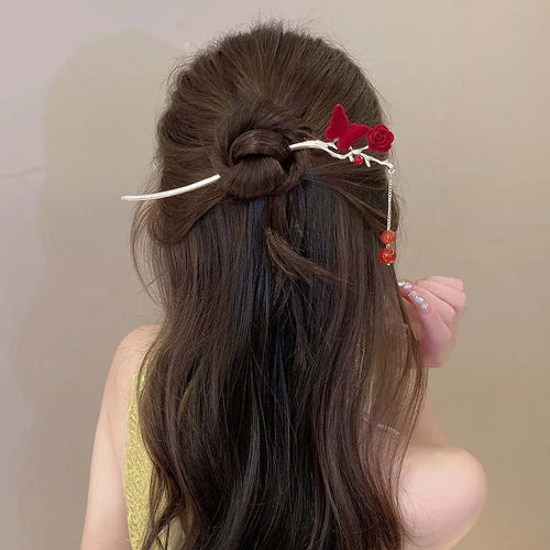 レトロなローズタッセルヘアピン - 女性用ハンドメイド中国風ヘアスティック