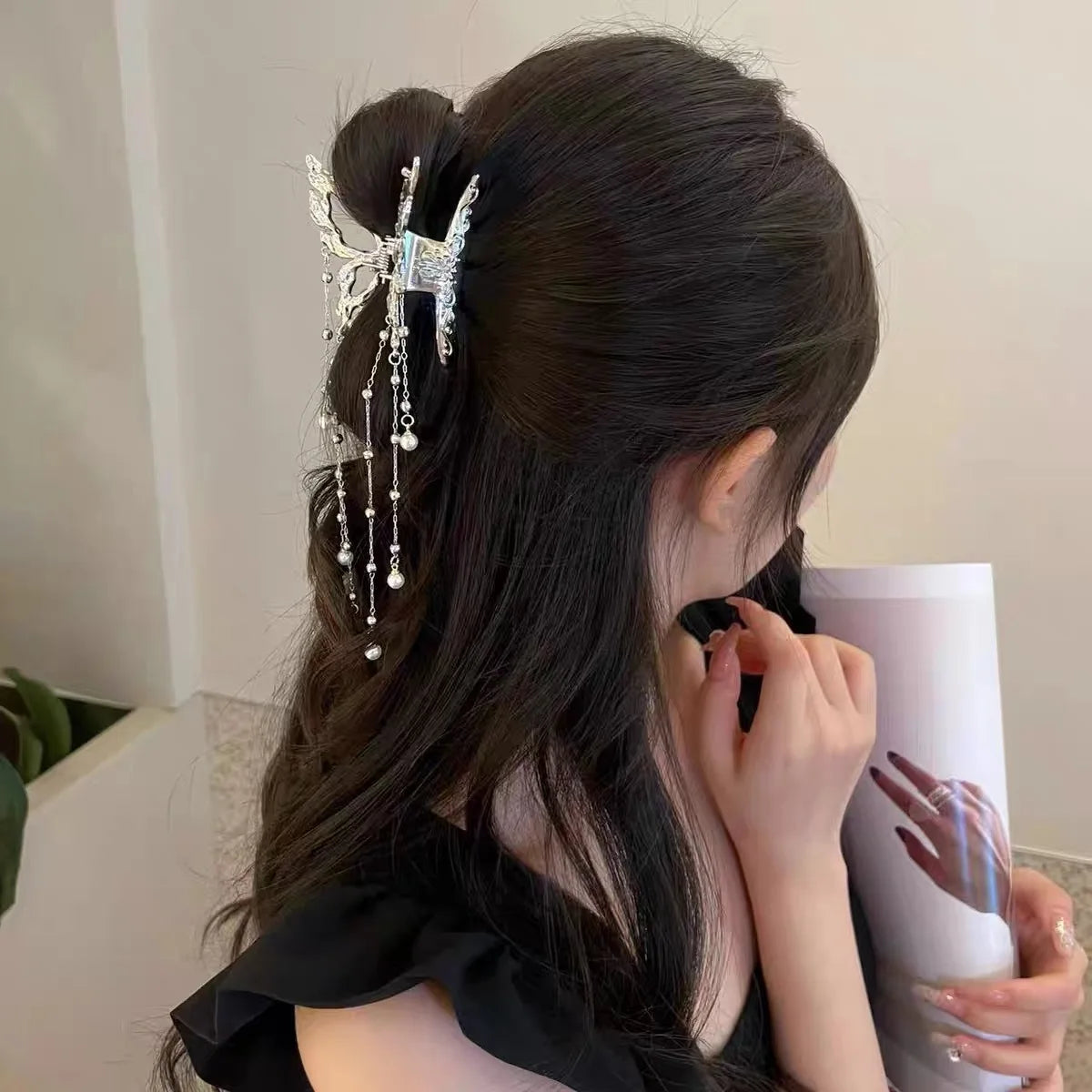 AWAYTR サメ カニ クリップ 女の子 ヘアピン ヘアアクセサリー 韓国女性用 シンプル ヘア クロー クリップ バタフライ パール タッセル ヘアクリップ