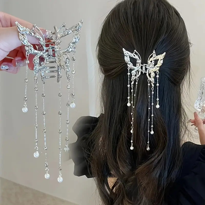 AWAYTR サメ カニ クリップ 女の子 ヘアピン ヘアアクセサリー 韓国女性用 シンプル ヘア クロー クリップ バタフライ パール タッセル ヘアクリップ